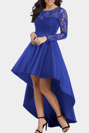 Royal Blue Long Sleeve Lace High Low Satin Prom Dress 8b30c
