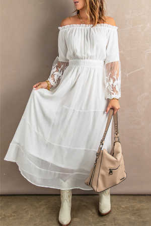 White Off Shoulder Embroidered Flared Sleeve Lace Maxi Dress 7553d